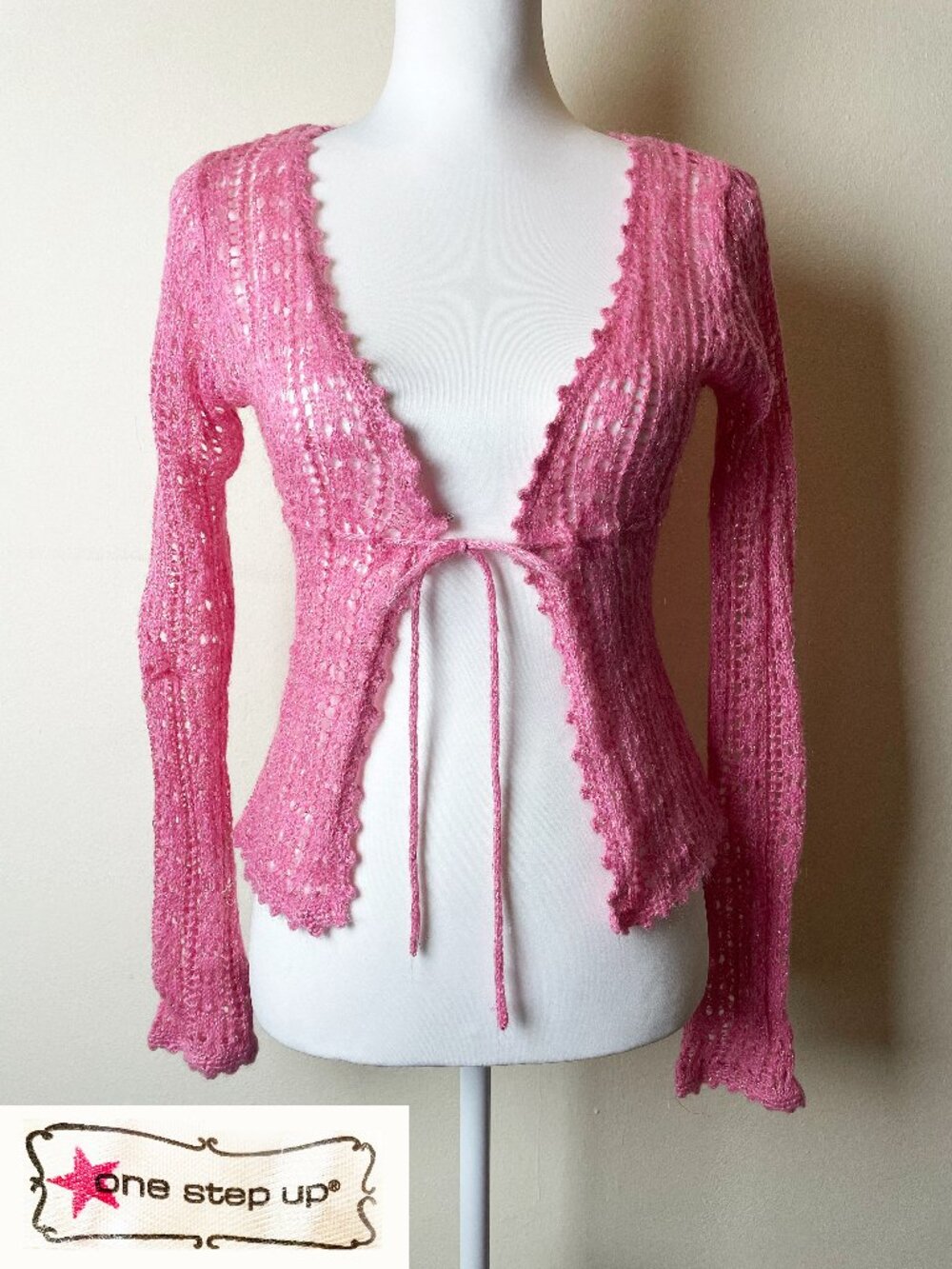 Vintage One Step Up Y2K Pink Crochet Tie-Front Cardigan Top Shrug Size Medium